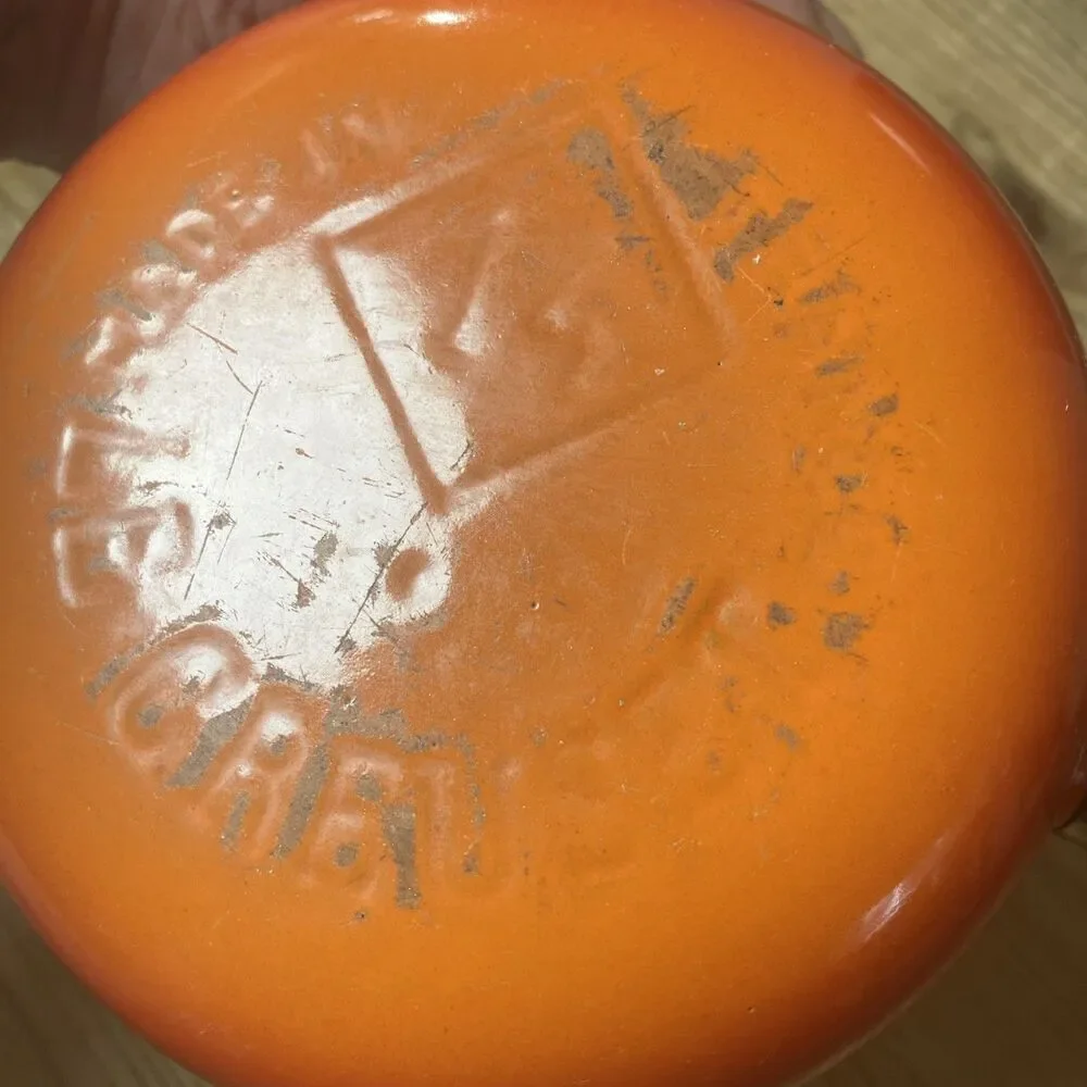Vintage Le Creuset #14 Flame Orange Enameled Cast Iron Wood Handle Saucepan